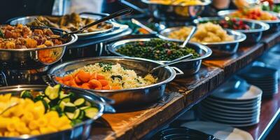 ai généré restauration buffet nourriture sur une longue table dans une Hôtel restaurant photo