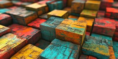 ai généré abstrait bloquer empiler en bois 3d cubes, coloré bois texture pour toile de fond photo