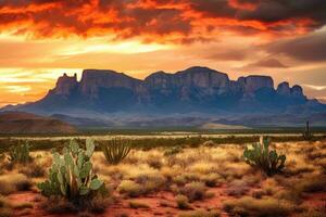 ai généré sauvage Ouest Texas désert paysage avec le coucher du soleil avec montagnes et cactus. photo