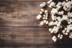 ai généré coton fleurs sur en bois Contexte photo