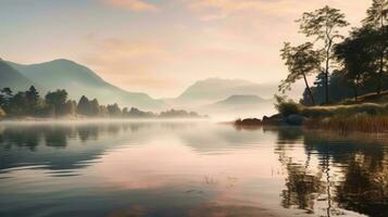 ai généré bord du lac tranquillité dans le doux Aube lumière avec Montagne silhouettes photo