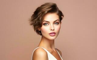 ai généré Naturel maquillage améliore court cheveux femme portrait photo