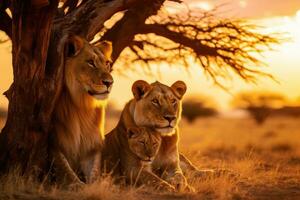 ai généré une famille de les Lions dans le africain savane à le coucher du soleil. photo