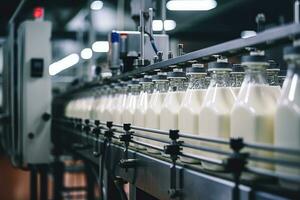 ai généré Lait usine. robotique usine ligne pour En traitement et embouteillage de lait. photo