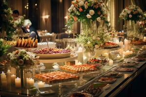 ai généré restauration buffet nourriture sur une longue table dans une Hôtel restaurant photo