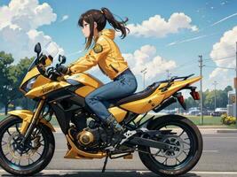 ai généré magnifique Jaune veste anime fille équitation une moto sur gaz station Contexte photo