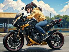 ai généré magnifique Jaune veste anime fille équitation une moto sur gaz station Contexte photo