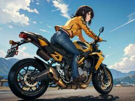 ai généré magnifique Jaune veste anime fille équitation une moto sur gaz station Contexte photo