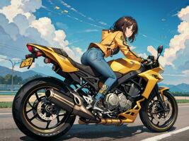 ai généré magnifique Jaune veste anime fille équitation une moto sur gaz station Contexte photo