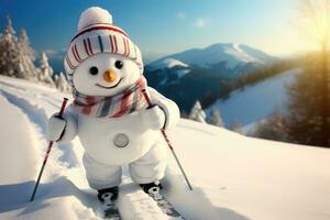 ai généré mignonne bonhomme de neige sur des skis dans le montagnes photo