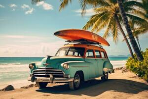 ai généré un vieux voiture garé sur une tropical plage avec une canoë sur le toit. photo