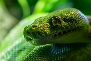 vert arbre python, morelia viridis fermer. portrait art. photo