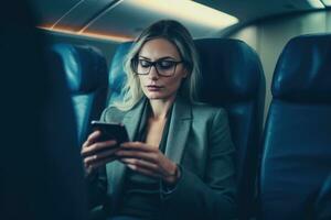 ai généré une femme est séance dans un avion siège et à la recherche à sa téléphone photo