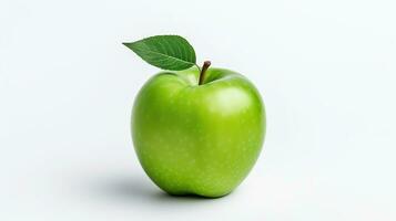 ai généré mûr vert Pomme avec feuille sur blanc Contexte. frais, en bonne santé, en bonne santé vie, fruit photo