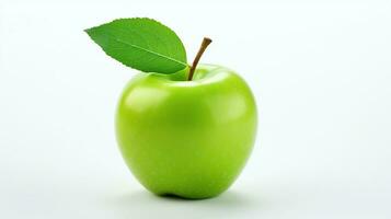 ai généré mûr vert Pomme avec feuille sur blanc Contexte. frais, en bonne santé, en bonne santé vie, fruit photo