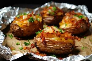 ai généré cuit patates avec fromage et oignons sur déjouer photo