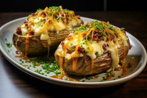 ai généré cuit patates avec fromage sur assiette photo