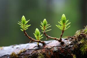 ai généré Nouveau printemps pousse sur une arbre branche photo