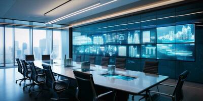 ai généré moderne entreprise salle de réunion avec une grand écran affichage Les données analyse, vide chaises, et ordinateurs portables sur le table photo