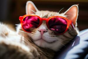 ai généré chat portant cœur en forme de des lunettes de soleil mensonge sur une oreiller photo