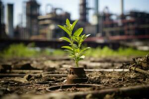 ai généré Jeune plante pousse de sol avec industriel Contexte symbolisant croissance et durabilité photo