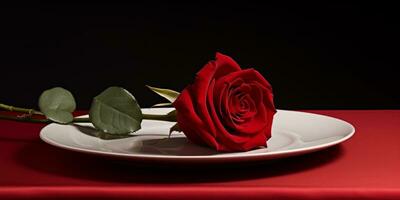 ai généré cœur en forme de assiette et Rose sur rouge Contexte photo