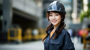 ai généré sourire de magnifique Japonais construction femelle ouvrier photo