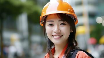 ai généré sourire de magnifique Japonais construction femelle ouvrier photo