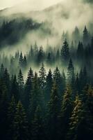 ai généré le terre de pin des arbres, pluie forêt, brume, l'automne brouillard photo