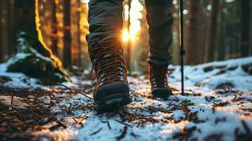 ai généré proche en haut de jambes de la personne dans randonnée des chaussures en marchant dans le hiver forêt photo