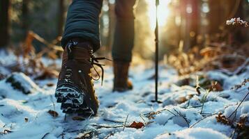 ai généré proche en haut de jambes de la personne dans randonnée des chaussures en marchant dans le hiver forêt photo