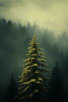 ai généré le terre de pin des arbres, pluie forêt, brume, l'automne brouillard photo