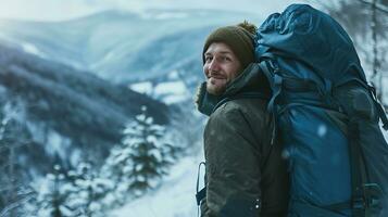 ai généré russe souriant homme Regardez à le caméra avec une gros bleu sac à dos, sur le sien épaules en marchant par le hiver montagnes photo