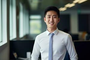 ai généré souriant homme d'affaire dans le bureau, Beau et sur de soi photo