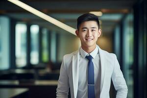 ai généré souriant homme d'affaire dans le bureau, Beau et sur de soi photo