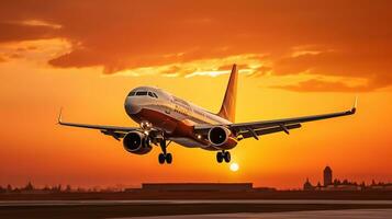 ai généré atterrissage une avion contre une d'or ciel à le coucher du soleil. passager avion en volant en haut dans le coucher du soleil lumière. en voyageant et affaires concept photo