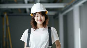 ai généré sourire de magnifique Japonais construction femelle ouvrier photo