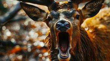 ai généré proche en haut de une rouge cerf avec ouvert bouche. animal rage. photo