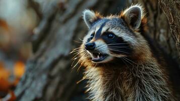 ai généré portrait de une raton laveur dans le forêt, proche en haut. animal rage. photo