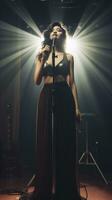ai généré magnifique asiatique femelle chanteur chante sur étape dans lumière projecteurs photo