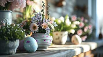 ai généré Pâques des œufs avec fleurs sur table photo