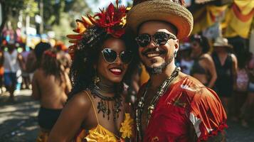 ai généré brésilien carnaval. couple dans costume profiter le carnaval fête dans le ville photo
