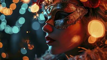 ai généré magnifique Jeune femme dans carnaval masque et élégant mascarade costume avec plumes et cierges magiques dans coloré bokeh sur noir Contexte. Noël, Nouveau année, fête. photo