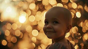 ai généré une peu fille avec une chauve tête montrant sa sourire, dans le style de bokeh panorama photo