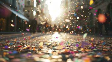 ai généré confettis chute pendant une Festival ou carnaval dans le ville photo