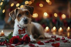 ai généré une chien avec une Rose en portant une rouge signe en disant l'amour texte photo