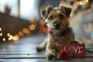 ai généré une chien avec une Rose en portant une rouge signe en disant l'amour texte photo