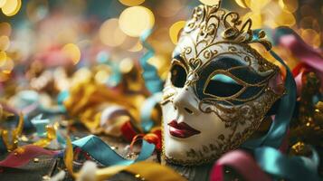 ai généré carnaval faire la fête. vénitien masque avec coloré banderole et sifflet photo