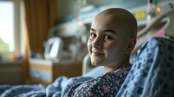 ai généré Jeune chauve femme dans hôpital lit monde cancer journée concept photo