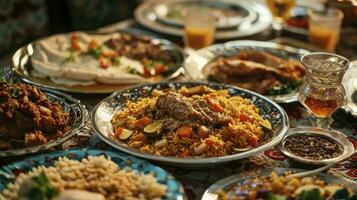 ai généré traditionnel repas pour iftar dans temps de Ramadan photo